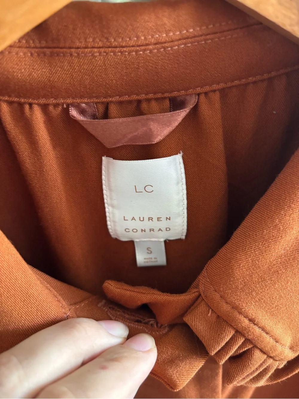 LC Lauren Conrad Rust Ruffle Collar Trench Coat